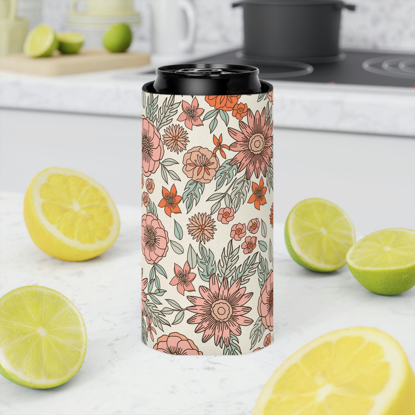 Peachy Pink Floral Can Cooler